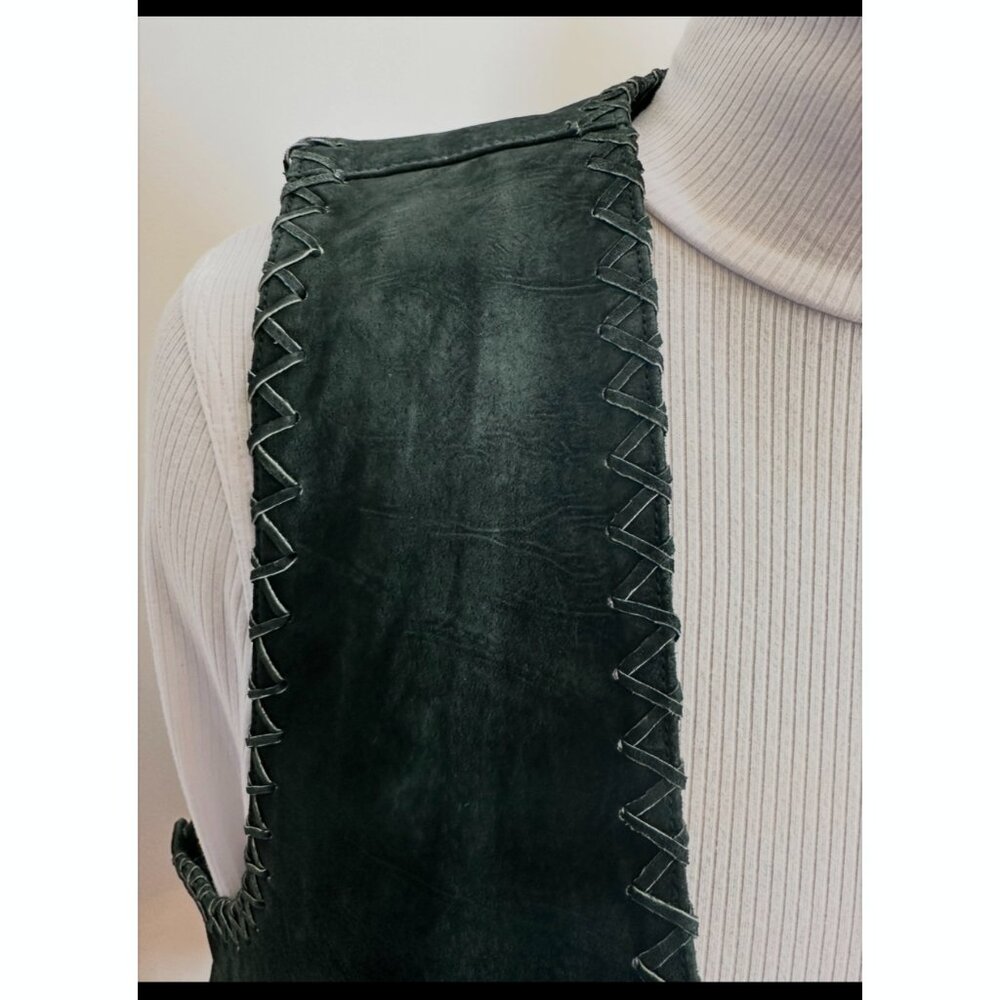 Green Genuine Suede-Leather Vintage Whip-Stitch Vest boho 80s biker unisex M - Picture 7 of 15